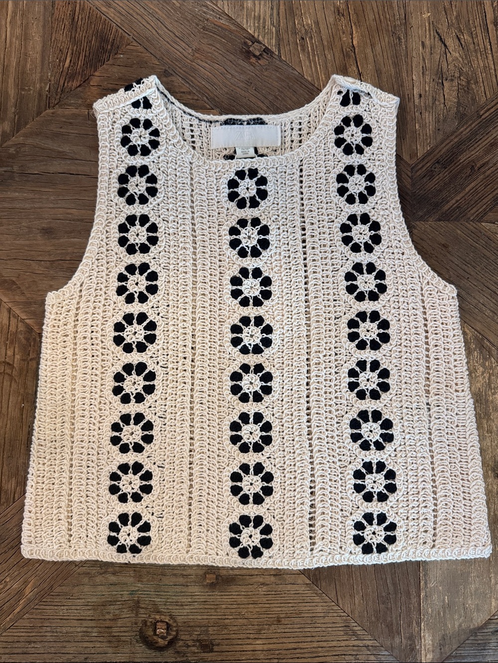 Zara Cream Crochet Tank Top with Black Floral Stripes